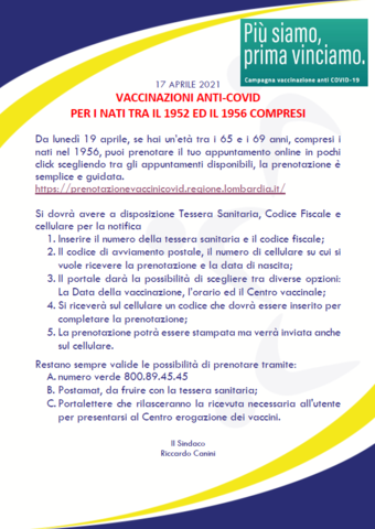 Vaccinazioni anti-covid  per i nati tra il 1952 ed il 1956 compresi