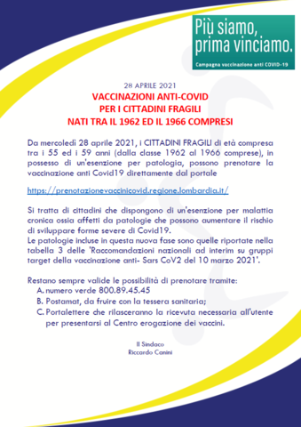 Vaccinazioni anti-covid per i cittadini fragili nati tra il 1962 ed il 1966 compresi