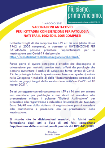 1 maggio 2021 vaccinazioni anti-covid per i cittadini con esenzione per patologia nati tra il 1962 ed il 2005 compresi